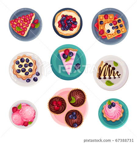 Desserts with Gaufre or Waffle and Tartlets Served on Plate Vector Set 67388731