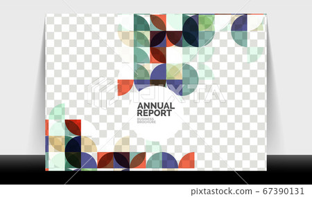 Horizontal A4 business flyer annual report template, circles and triangle style shapes modern geometric design for brochure layout, magazine or booklet 67390131