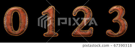Set of numbers 0, 1, 2, 3 made of leather. 3D render font with skin texture isolated on black background. Set of numbers 0, 1, 2, 3 made of leather. 3D render font with skin texture isolated on black background. 67390318