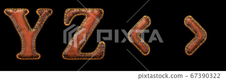 Set of leather letters Y, Z and symbol left, right angle bracket uppercase. 3D render font with skin texture isolated on black background. 67390322