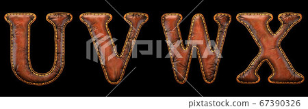 Set of leather letters U, V, W, X uppercase. 3D render font with skin texture isolated on black background. 67390326