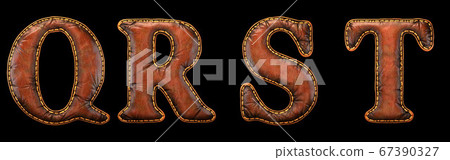 Set of leather letters Q, R, S, T uppercase. 3D render font with skin texture isolated on black background. 67390327