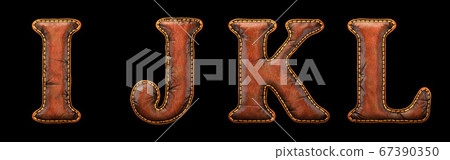 Set of leather letters I, J, K, L uppercase. 3D render font with skin texture isolated on black background. 67390350