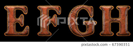 Set of leather letters E, F, G, H uppercase. 3D render font with skin texture isolated on black background. 67390351