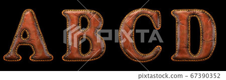 Set of leather letters A, B, C, D uppercase. 3D render font with skin texture isolated on black background. Set of leather letters A, B, C, D uppercase. 3D render font with skin texture isolated on black background. 67390352
