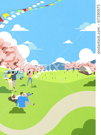 Spring landscape background. People enjoy picnic in the park illustration 003 67390973