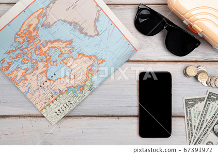 Travel concept- traveler accessories on colorful background 159 67391972