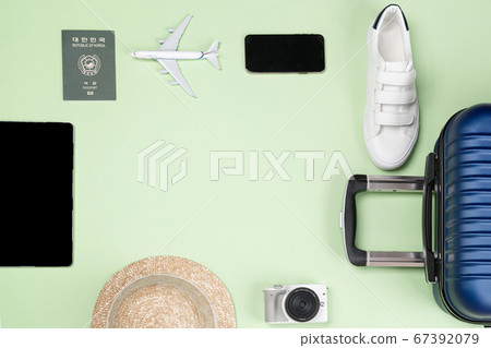 Travel concept- traveler accessories on colorful background 121 67392079