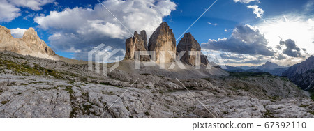 Tre Cime di Lavaredo rocks big panorama at sunset Tre Cime di Lavaredo rocks big panorama at sunset 67392110