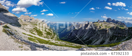 Tre Cime di Lavaredo hiking track with tourists and deep valley 67392133