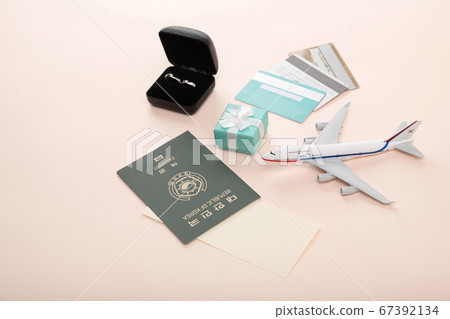 Travel concept- traveler accessories on colorful background 064 67392134