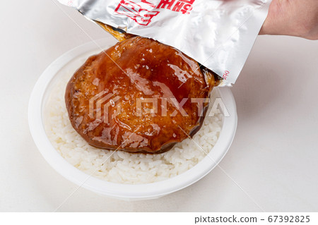 Instant food products concept- dry instant noodles, luncheon meat sliced, canned fish on white background 087 67392825