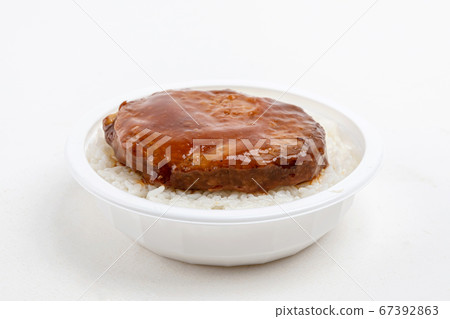 Instant food products concept- dry instant noodles, luncheon meat sliced, canned fish on white background 095 67392863