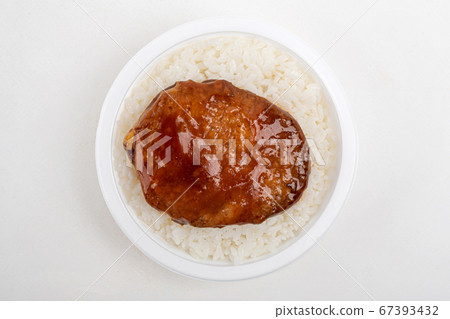 Instant food products concept- dry instant noodles, luncheon meat sliced, canned fish on white background 098 67393432