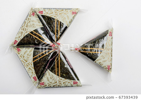 Instant food products concept- dry instant noodles, luncheon meat sliced, canned fish on white background 074 67393439
