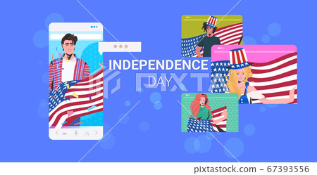 people holding usa flags 4th of july american independence day celebration chat bubble online communication 67393556