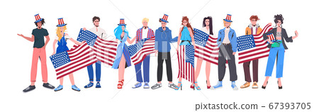 mix race people in festive hats holding usa flags 4th of july american independence day celebration 67393705