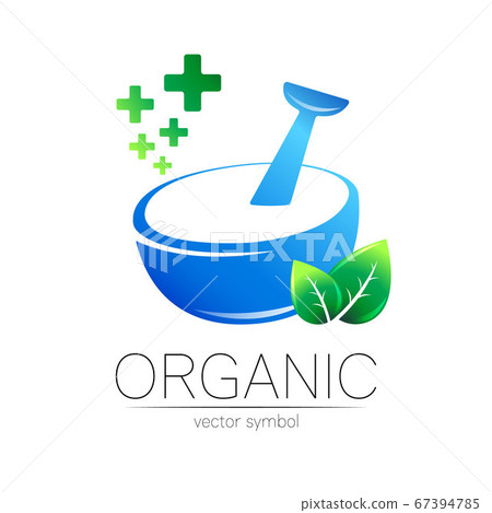 Vector mortar and pestle blue symbol logo with green leaves and cross. Ecology icon concept for medicine, vegetarian, therapy, pharmacology and business. Organic sign illustration. Modern logotype Vector mortar and pestle blue symbol logo with green leaves and cross. Ecology icon concept for medicine, vegetarian, therapy, pharmacology and business. Organic sign illustration. Modern logotype 67394785