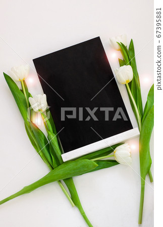 Black chalk board mockup with tulip flowers on 67395881
