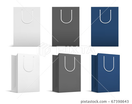 Realistic shopping bags mockup. White black paper packs, isolated 3D front and turned blank gift packaging. Empty packets vector set 67398643