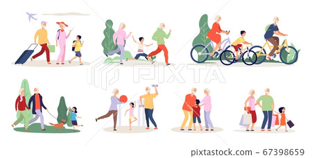 Grandparents and grandchildren. Old people activity with boy girl. Travel ride bicycle doing sport exercices vector illustration Grandparents and grandchildren. Old people activity with boy girl. Travel ride bicycle doing sport exercices vector illustration 67398659