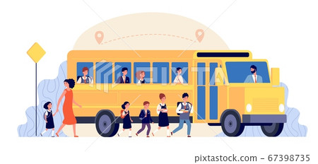School bus. Pupils ride on yellow transport. Children back to learning, road to college or university. Girls boys go to study vector concept School bus. Pupils ride on yellow transport. Children back to learning, road to college or university. Girls boys go to study vector concept 67398735
