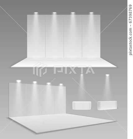 Realistic empty stands. 3d event exhibition panel mockup, modern blank expo wall. Blank showroom construction with light. White interior for trade vector illustration Realistic empty stands. 3d event exhibition panel mockup, modern blank expo wall. Blank showroom construction with light. White interior for trade vector illustration 67398769