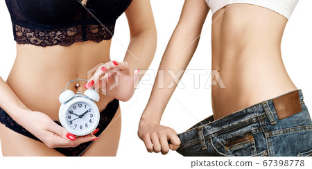 Collage of woman with clock and woman in big jeans. Collage of woman with clock and woman in big jeans. 67398778