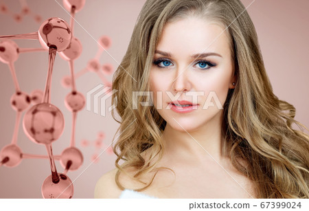 Beautiful adult woman near big white molecule chain. Beautiful adult woman near big white molecule chain. 67399024