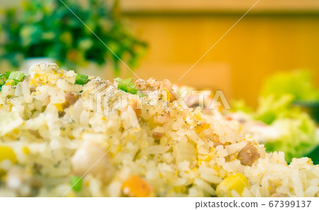 Thai Sour Pork Fried Rice in Close Up View on Left Frame in Vintage Tone Thai Sour Pork Fried Rice in Close Up View on Left Frame in Vintage Tone 67399137