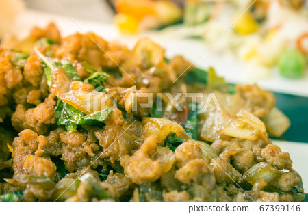 Stir-Fried Pork and Holy Basil Thai Food on Left Frame in Vintage Tone Stir-Fried Pork and Holy Basil Thai Food on Left Frame in Vintage Tone 67399146