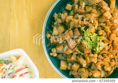 Stir Fried Pork with Onion and Black Soy Sauce and Vegan Salad on Flaylay View in Vintage Tone Stir Fried Pork with Onion and Black Soy Sauce and Vegan Salad on Flaylay View in Vintage Tone 67399169