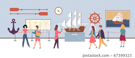 Maritime exhibition in museum or art gallery, visitors men and women looking pictures and sculptures, excursion about ocean, flat cartoon vector horizontal illustration Maritime exhibition in museum or art gallery, visitors men and women looking pictures and sculptures, excursion about ocean, flat cartoon vector horizontal illustration 67399323