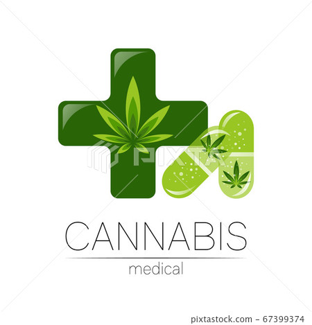 Cannabis in the tablet pill capsule with cross vector logotype for medicine and doctor. Medical marijuana symbol. Pharmaceuticals with plant and leaf for health. Concept sign of green herb. Green 67399374