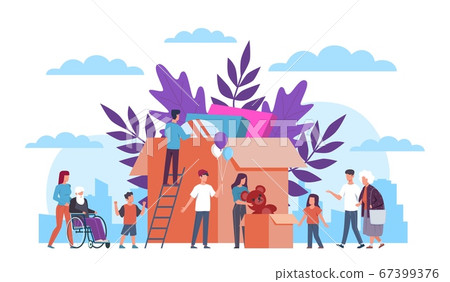 Volunteers. Team supporting disabled, humanitarian and material assistance, community helping old and sick people, charity vector concept 67399376