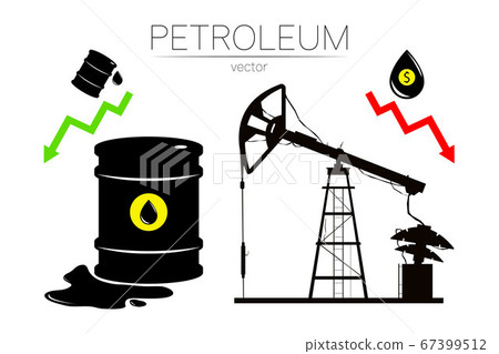 Vector set of 3 sign oil and derrick rig. Black symbol petroleum, dollar money, solated on white background. global financial crisis. Barrel silhouette and spot liguid. Industry of exploration, 67399512