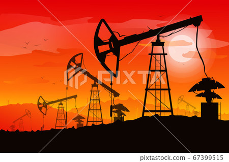 Illustration of oil derrick rig. Black silhouette on red gradient sunset background. . Industry of exploration and petrochemical. Petroleum picture. Landscape. 67399515