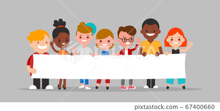 Group of diverse people holding blank white banner - Stock Illustration ...