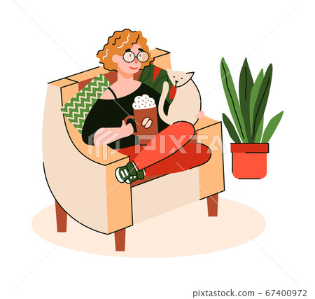 Woman enjoying coffee in comfy chair, cartoon vector illustration isolated. 67400972