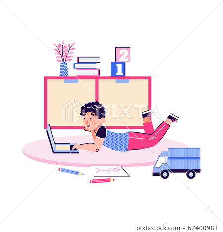Child boy using online technology for studying, vector illustration isolated. 67400981