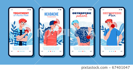 Mobile application pages advising to treat a pain cartoon vector illustration. 67401047
