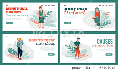 Set homepages for medical site depicting body pain cartoon vector illustration. Set homepages for medical site depicting body pain cartoon vector illustration. 67401048