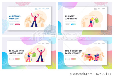 Senior People Lifestyle Website Landing Page Set. Old Couple Using Smart Gadgets. Grandmother Presenting Sweater to Grandson for Christmas Holidays Web Page Banner. Cartoon Flat Vector Illustration 67402175