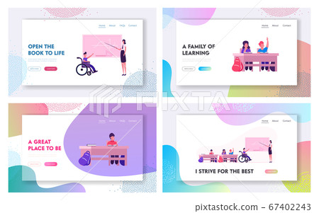 Disability and Education in School Website Landing Page. Healthy and Handicapped Children on Lesson Gaining Knowledges. Kids Studying, Back to School Web Page Banner. Cartoon Flat Vector Illustration 67402243