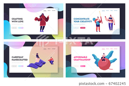 Knitting Hobby Website Landing Page Set. Tiny Female Characters Doing Knitwork Activity with Huge Needles and Clew 67402245
