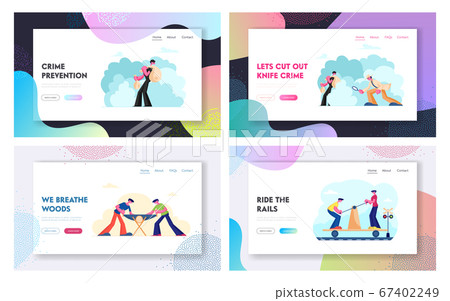 Crime Investigation, Men Sawing Wood Log, People Riding Draisine Handcar Railway Bicycle Transport Website Landing Page Set. Detective and Robber Web Page Banner. Cartoon Flat Vector Illustration 67402249