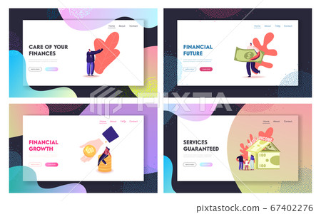 Ubi, Universal Basic Income Landing Page Template Set. Tiny Characters around of Huge House Made of Currency Bills. Hand Give Coin to Man. People Earn Money, Family Needs. Cartoon Vector Illustration 67402276