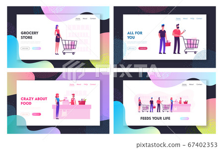 People in Supermarket Website Landing Page Set. Customers Stand in Grocery Queue with Goods in Shopping Trolley People in Supermarket Website Landing Page Set. Customers Stand in Grocery Queue with Goods in Shopping Trolley 67402353