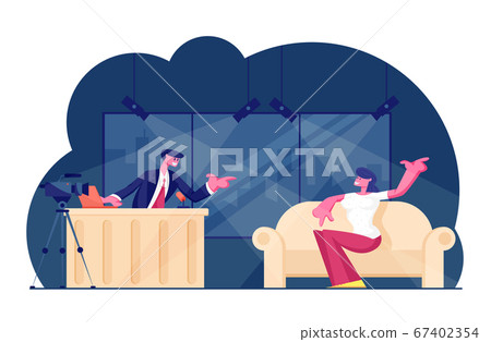 Tv Night Show with Guest. Female Celebrity Giving Interview to Television Presenter in Broadcasting Studio with Video Camera and Shooting Crew, Stage and Light Equipment. Cartoon Vector Illustration 67402354
