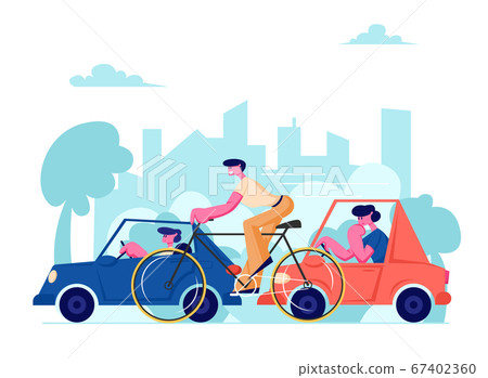 City Life Traffic. People Driving Different Transport as Cars and Bicycle on Speedway. Male Characters Riding Cycle and Automobile 67402360